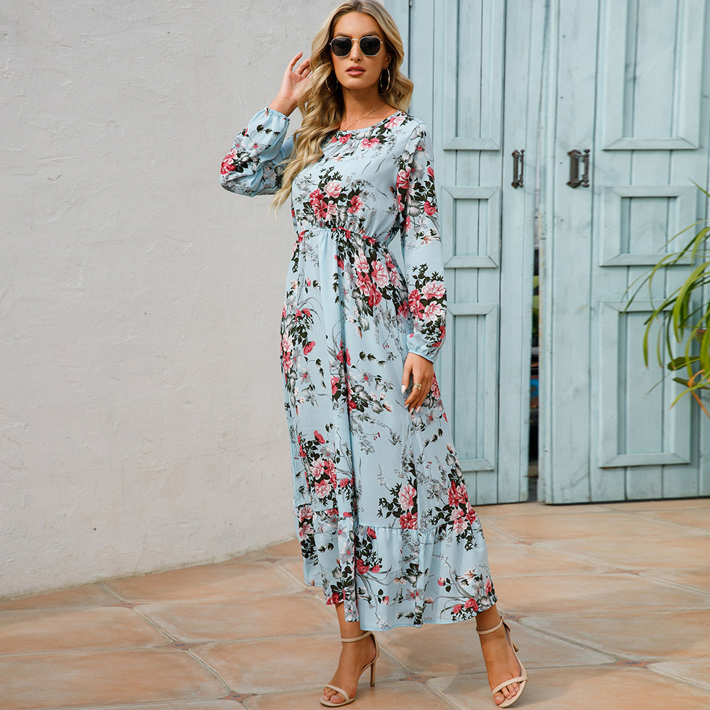 Dame Boho Chiffon Kjole med lange ærmer, let stof, slankende talje, maxilængde, elegant til en afslappet sommerdag.