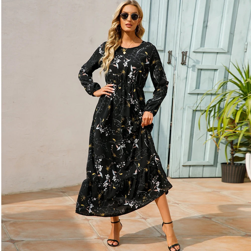 Dame Boho Chiffon Kjole med lange ærmer, let stof, slankende talje, maxilængde, elegant til en afslappet sommerdag.
