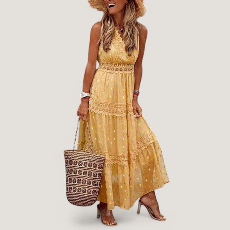Dame boho maxi kjole sommerstil, let og blomstret, flydende design udstråler boheme elegance til varme dage.