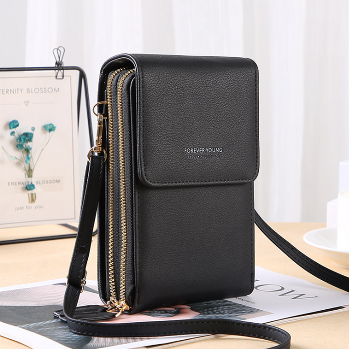 Dame crossbody smartphone taske med touchscreen, grå PU-læder, gennemsigtig touchscreen-lomme, justerbare stropper.