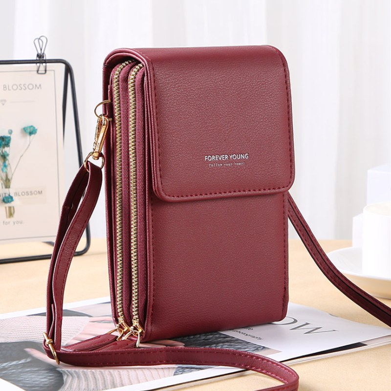 Dame crossbody smartphone taske med touchscreen, grå PU-læder, gennemsigtig touchscreen-lomme, justerbare stropper.