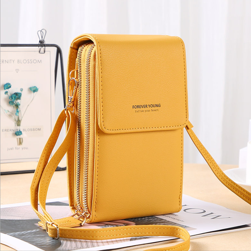 Dame crossbody smartphone taske med touchscreen, grå PU-læder, gennemsigtig touchscreen-lomme, justerbare stropper.