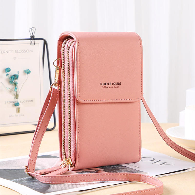 Dame crossbody smartphone taske med touchscreen, grå PU-læder, gennemsigtig touchscreen-lomme, justerbare stropper.