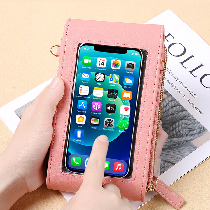 Dame crossbody smartphone taske med touchscreen, grå PU-læder, gennemsigtig touchscreen-lomme, justerbare stropper.