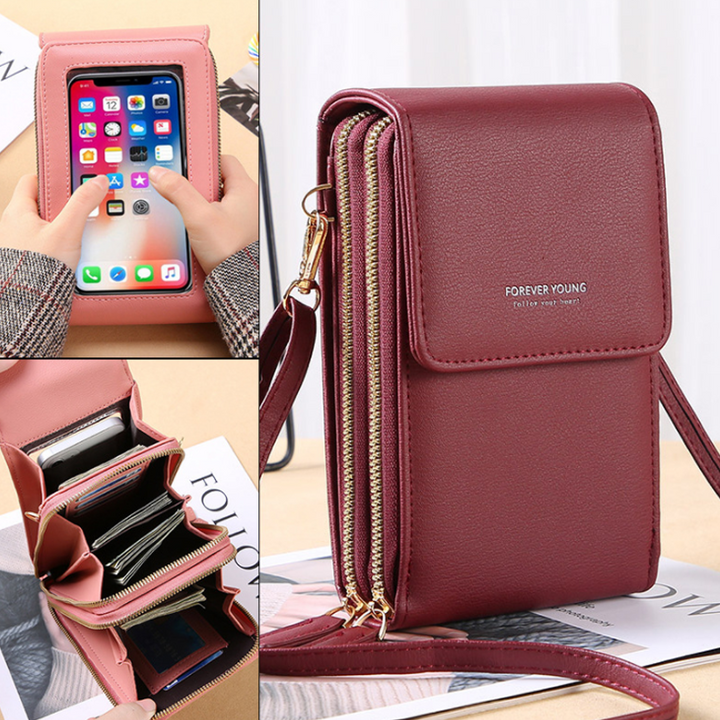 Dame crossbody smartphone taske med touchscreen, grå PU-læder, gennemsigtig touchscreen-lomme, justerbare stropper.