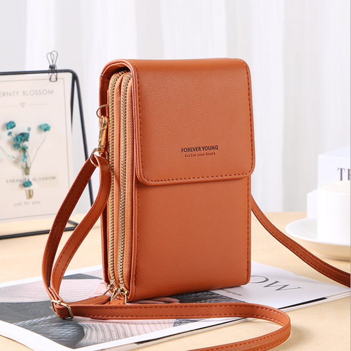 Dame crossbody smartphone taske med touchscreen, grå PU-læder, gennemsigtig touchscreen-lomme, justerbare stropper.