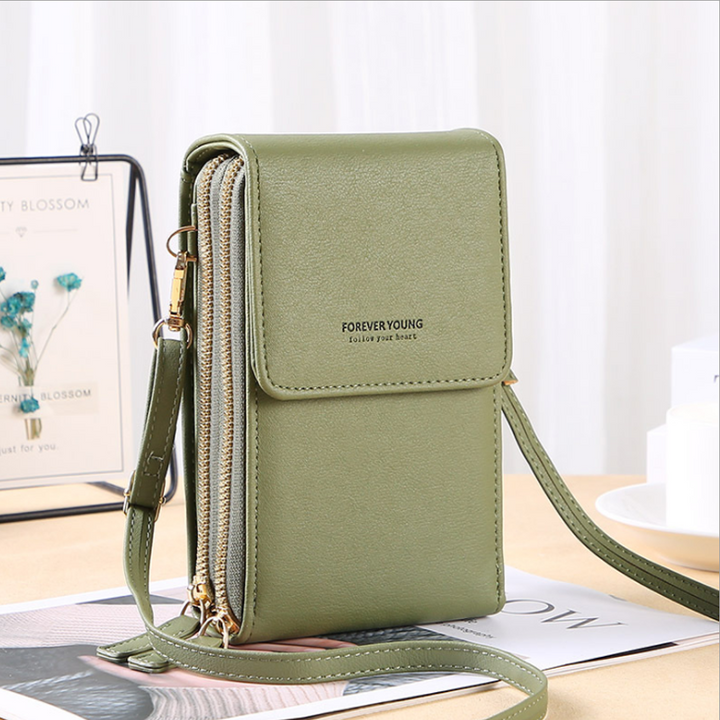 Dame crossbody smartphone taske med touchscreen, grå PU-læder, gennemsigtig touchscreen-lomme, justerbare stropper.