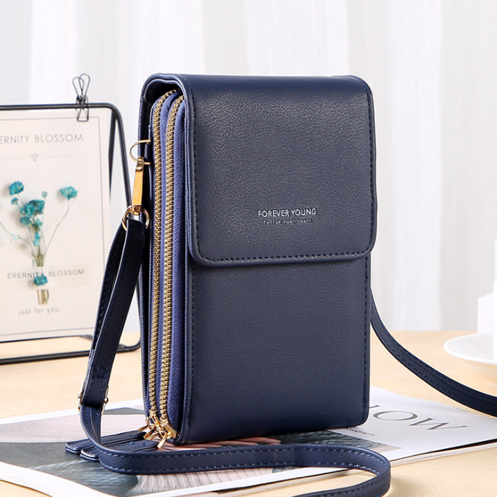 Dame crossbody smartphone taske med touchscreen, grå PU-læder, gennemsigtig touchscreen-lomme, justerbare stropper.