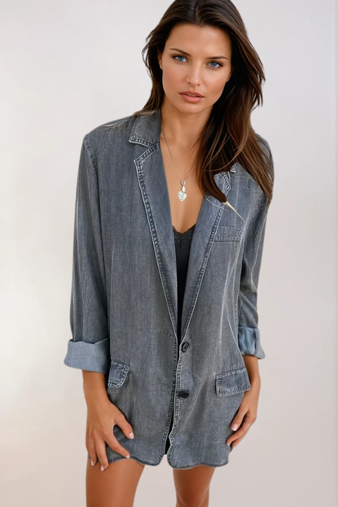 Dame denim blazer, afslappet stil, blød og let struktur, blå stof, stilfuldt og behageligt outfit valg.