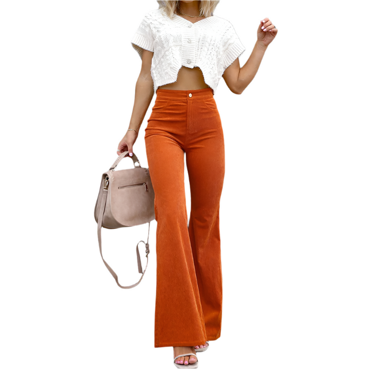 Dame fløjlsbukser i økologisk fløjl, høj talje, beige farve, elegant og moderne look, velegnet til både hverdag og fest.