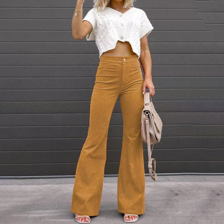 Dame fløjlsbukser i økologisk fløjl, høj talje, beige farve, elegant og moderne look, velegnet til både hverdag og fest.