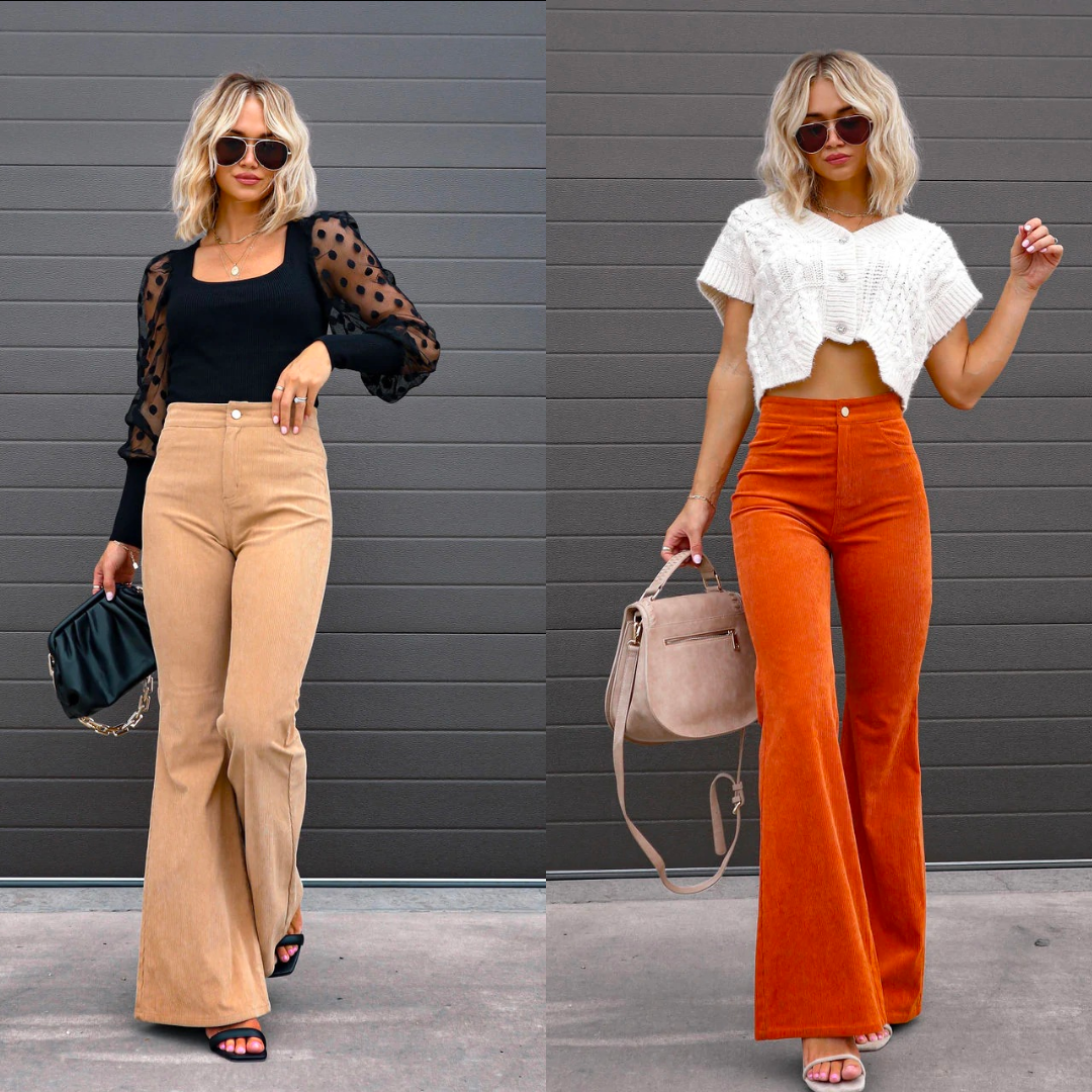 Dame fløjlsbukser i økologisk fløjl, høj talje, beige farve, elegant og moderne look, velegnet til både hverdag og fest.