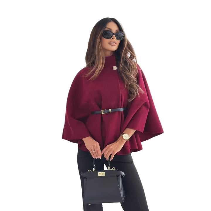 Naisten elegantti Cape-takki, korkea kaulus, vyö, kerroksellinen muotoilu, beige väri, tyylikäs ja mukava.
