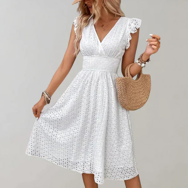 Dame elegant midi-kjole i hvid, letvægtsdesign, velegnet til fest og hverdag, stilfuld og alsidig.