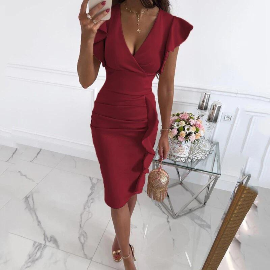 Dame elegant kjole med V-udskæring, lange ærmer, fremhæver feminine former, velegnet til fester og aftenarrangementer.