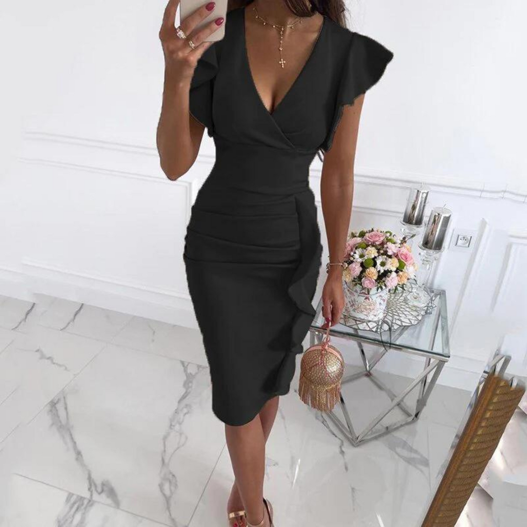 Dame elegant kjole med V-udskæring, lange ærmer, fremhæver feminine former, velegnet til fester og aftenarrangementer.