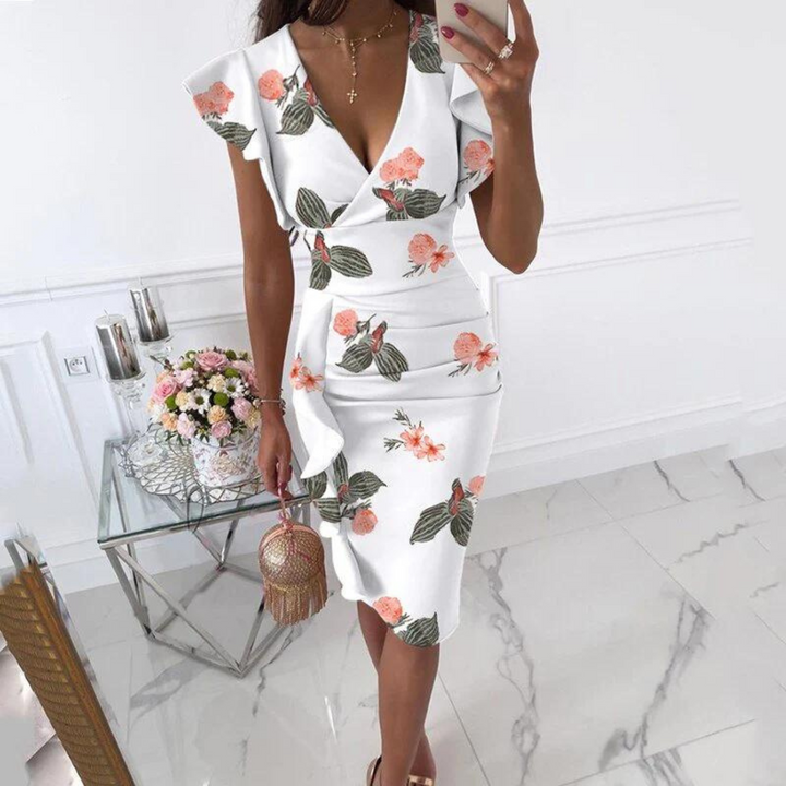 Dame elegant kjole med V-udskæring, lange ærmer, fremhæver feminine former, velegnet til fester og aftenarrangementer.