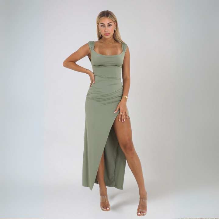 Dame elegant midi kjole, forside med flatterende snit, åndbar, perfekt til fest og hverdag.