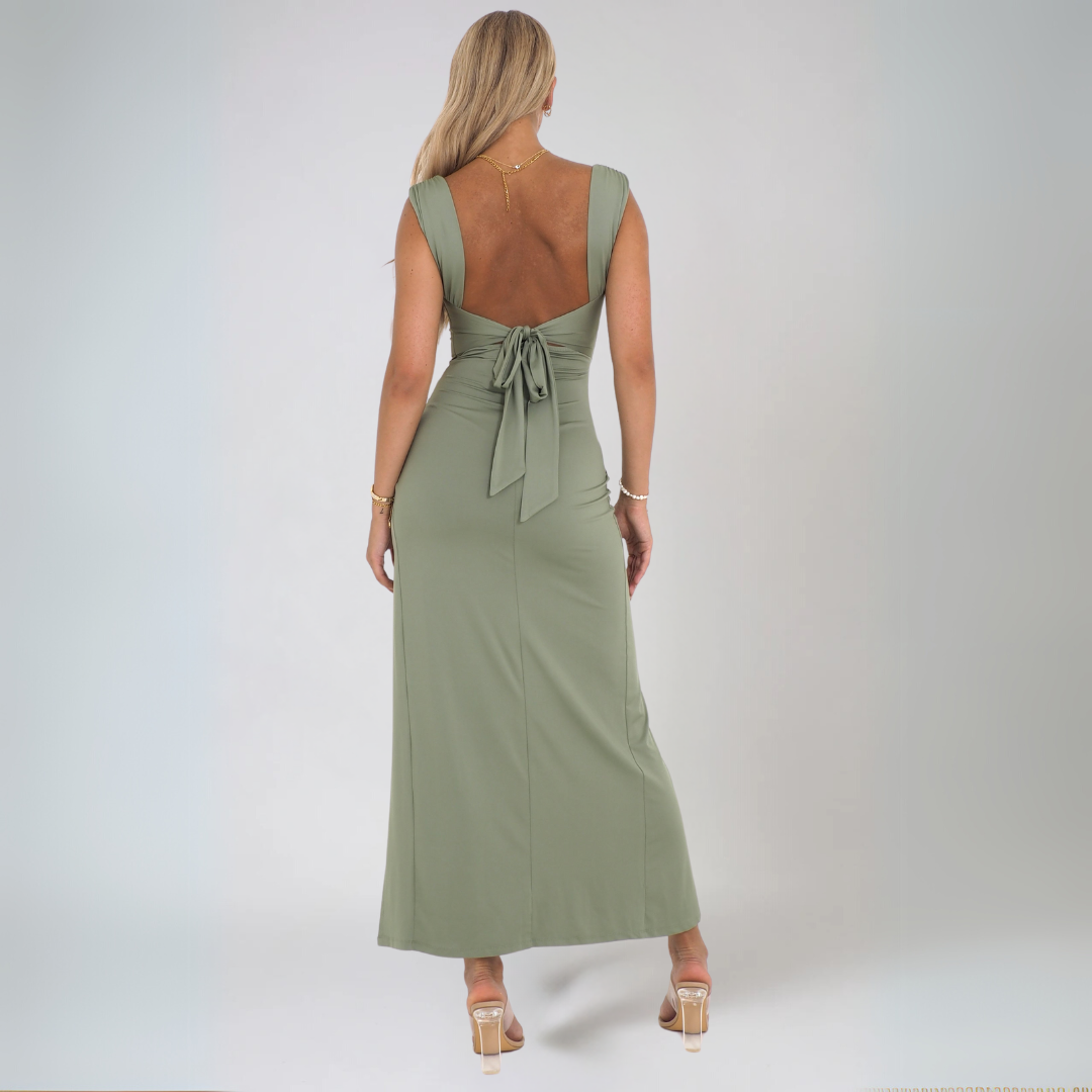 Dame elegant midi kjole, bagside med knudedetalje, åndbar, perfekt til fest og hverdag.