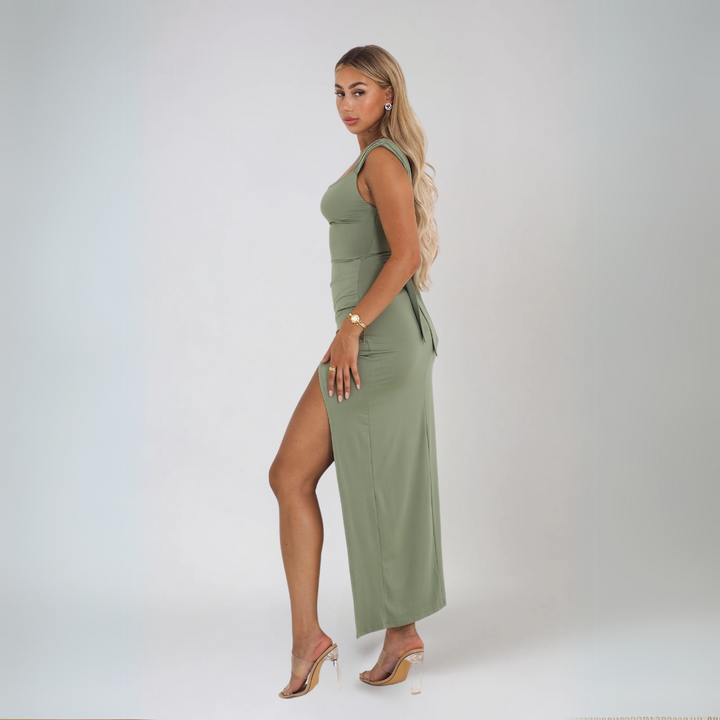 Dame elegant midi kjole, forside med flatterende snit, åndbar, perfekt til fest og hverdag.