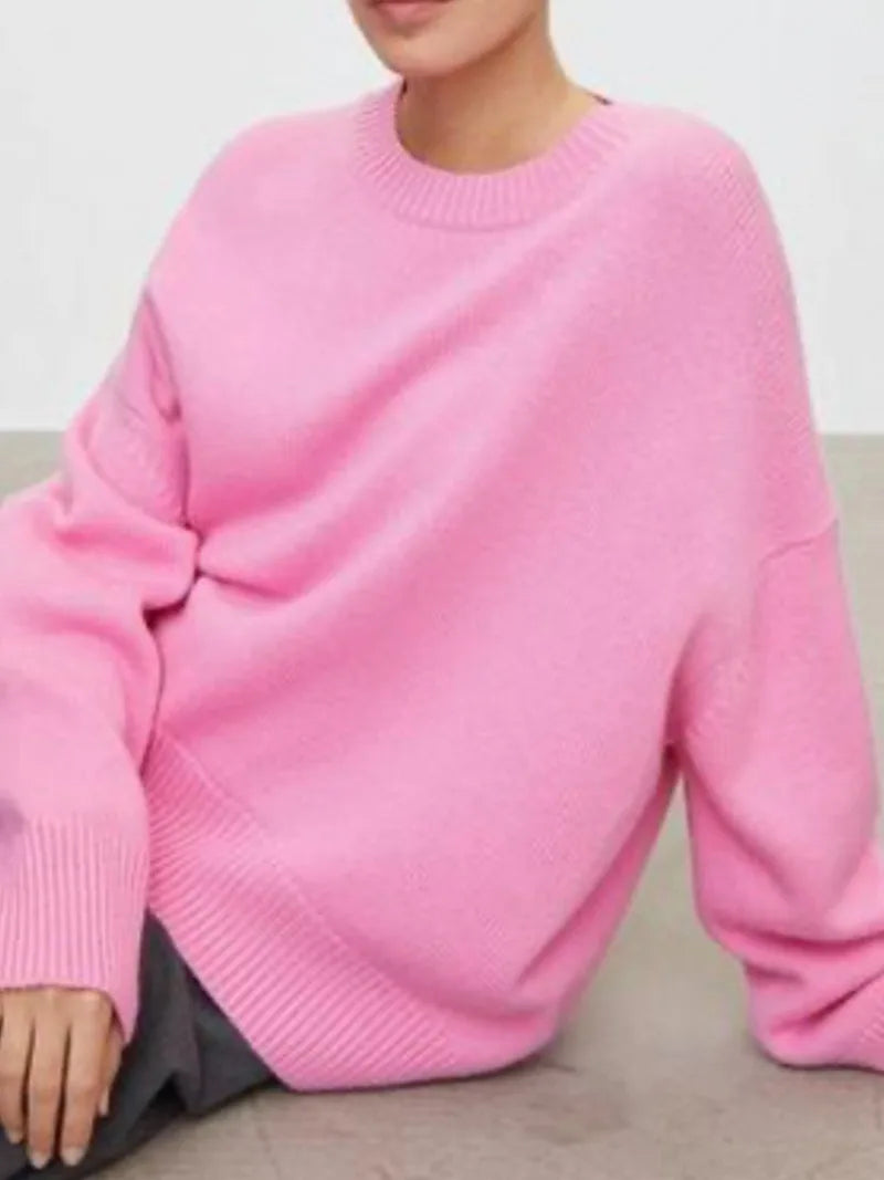 Dame elegant strikket sweater med rund hals, blødt materiale, klassisk og alsidigt tøj til kølige dage.