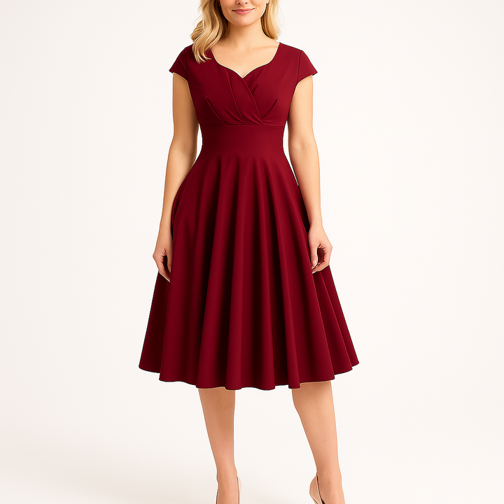 Dame elegant retro midi kjole, V-hals, fitted talje, blødt stof, vinrød.