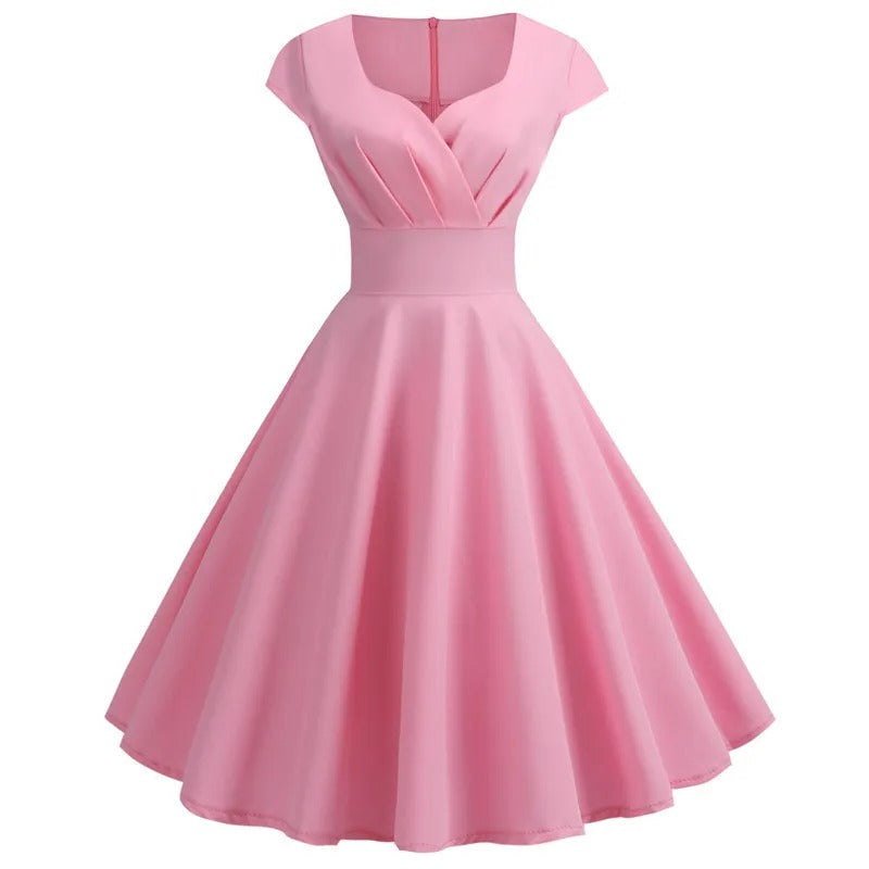 Dame elegant retro midi kjole, V-hals, fitted talje, blødt stof, vinrød.