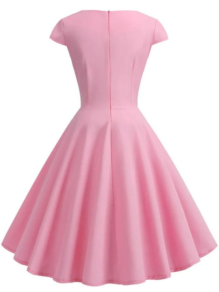 Dame elegant retro midi kjole, V-hals, fitted talje, blødt stof, vinrød.