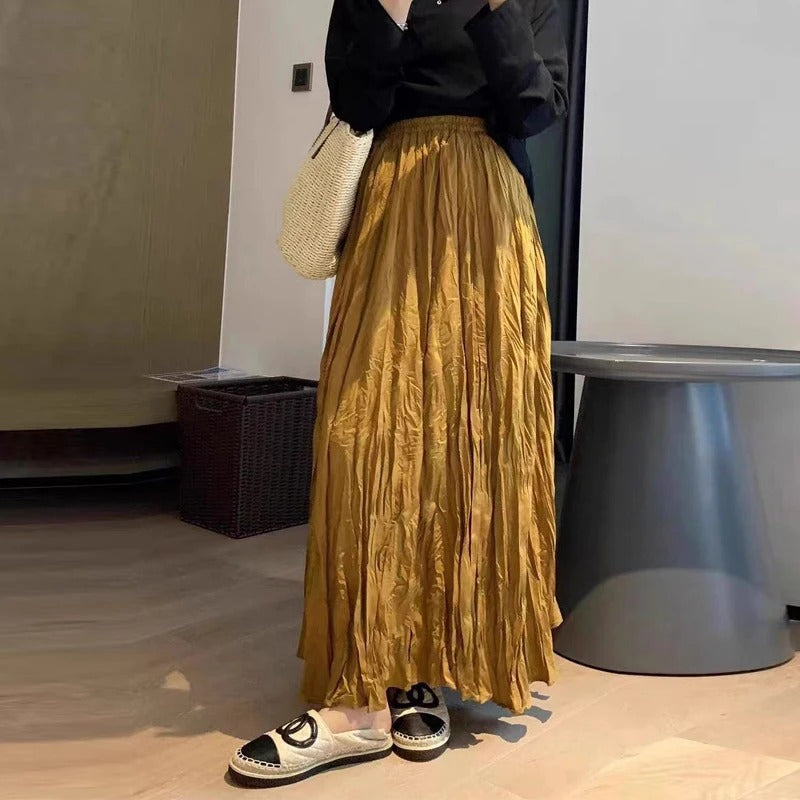 Dame elegant maxikjole med satin, plisseret glat overflade, høj talje og bred pasform, velegnet til afslappet stil.