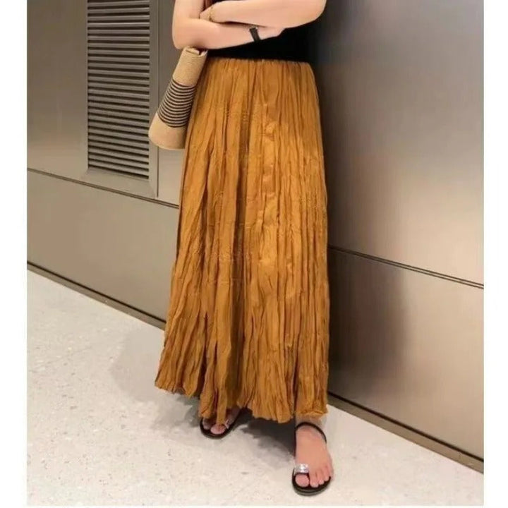 Dame elegant maxikjole med satin, plisseret glat overflade, høj talje og bred pasform, velegnet til afslappet stil.