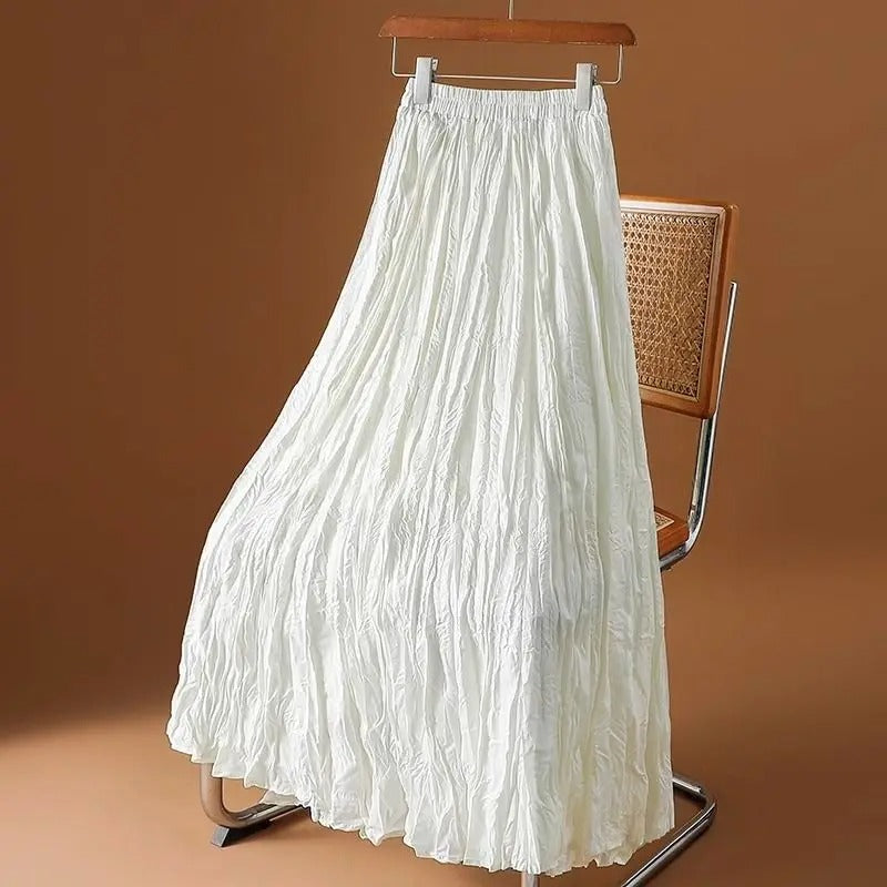 Dame elegant maxikjole med satin, plisseret glat overflade, høj talje og bred pasform, velegnet til afslappet stil.