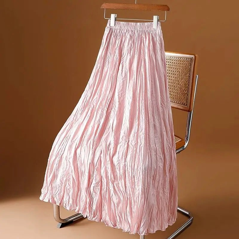 Dame elegant maxikjole med satin, plisseret glat overflade, høj talje og bred pasform, velegnet til afslappet stil.