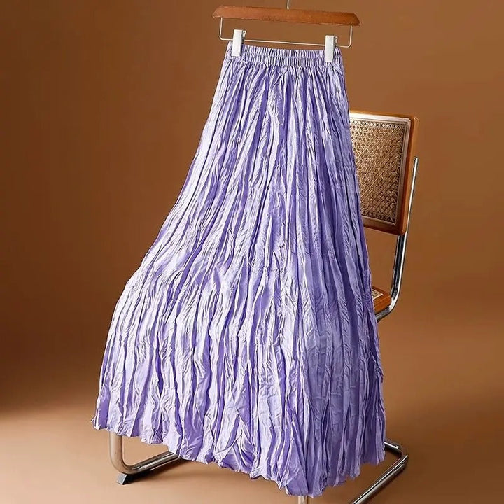 Dame elegant maxikjole med satin, plisseret glat overflade, høj talje og bred pasform, velegnet til afslappet stil.