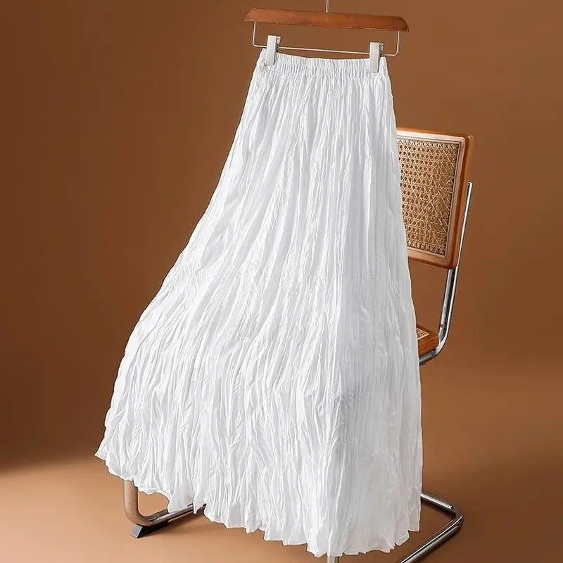 Dame elegant maxikjole med satin, plisseret glat overflade, høj talje og bred pasform, velegnet til afslappet stil.
