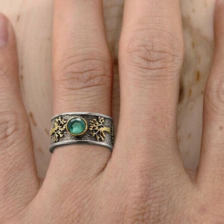 Dame Livets Træ Vintage Ring med kunstig ædelsten, detaljeret mønster, sølvfarvet tone.