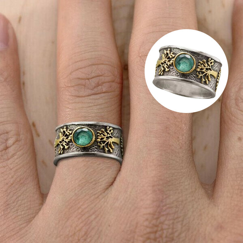 Dame Livets Træ Vintage Ring med kunstig ædelsten, detaljeret mønster, sølvfarvet tone.