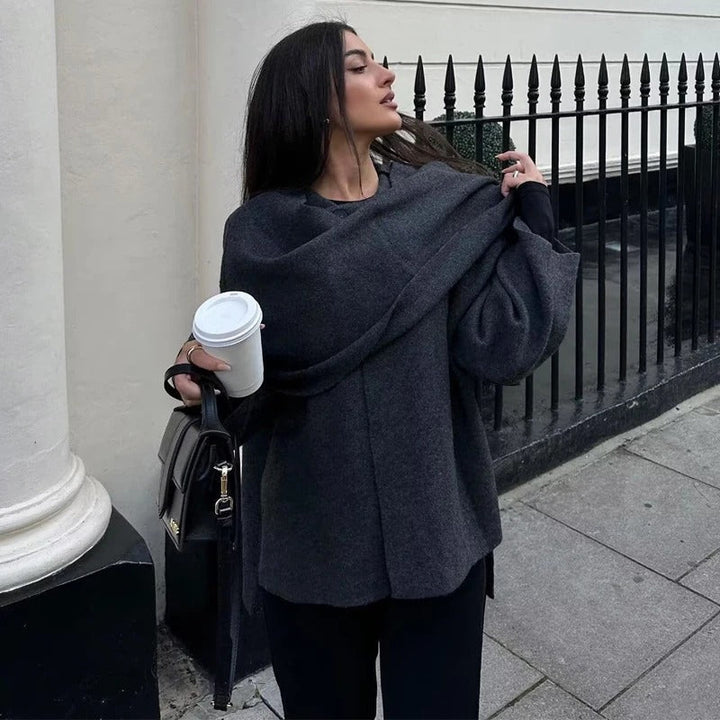 Dame asymmetrisk langærmet polstret jakke, trendy shawl-krave, varm og behagelig, velegnet til hverdagsbrug
