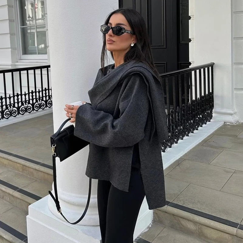 Dame asymmetrisk langærmet polstret jakke, trendy shawl-krave, varm og behagelig, velegnet til hverdagsbrug