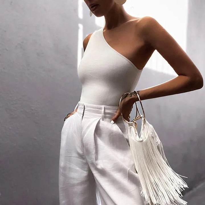 Dames asymmetrisk trænings-crop top, ensfarvet, med én skulder, perfekt til fitness og fritid