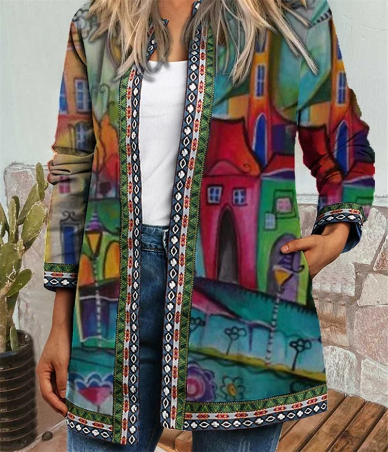 Dame etnisk lang cardigan, vintage-print, rund hals, sidelommer, blødt materiale, efterårsmode.