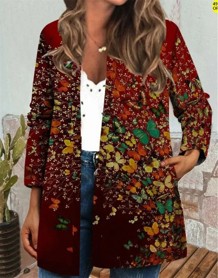 Dame etnisk lang cardigan, vintage-print, rund hals, sidelommer, blødt materiale, efterårsmode.