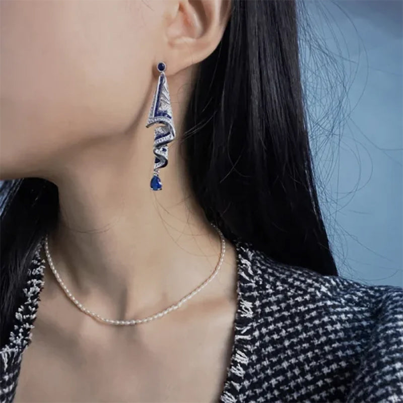 Dame Etnisk Silkke-stil Ørering, blå og grøn, sølv, geometrisk mønster, safirglimmer