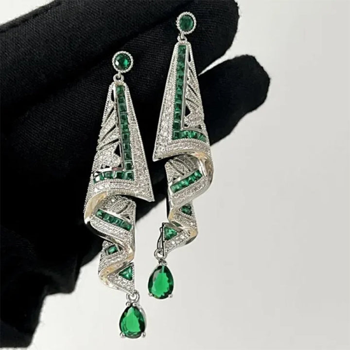 Dame Etnisk Silkke-stil Ørering, blå og grøn, sølv, geometrisk mønster, safirglimmer