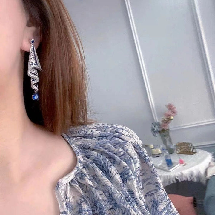 Dame Etnisk Silkke-stil Ørering, blå og grøn, sølv, geometrisk mønster, safirglimmer