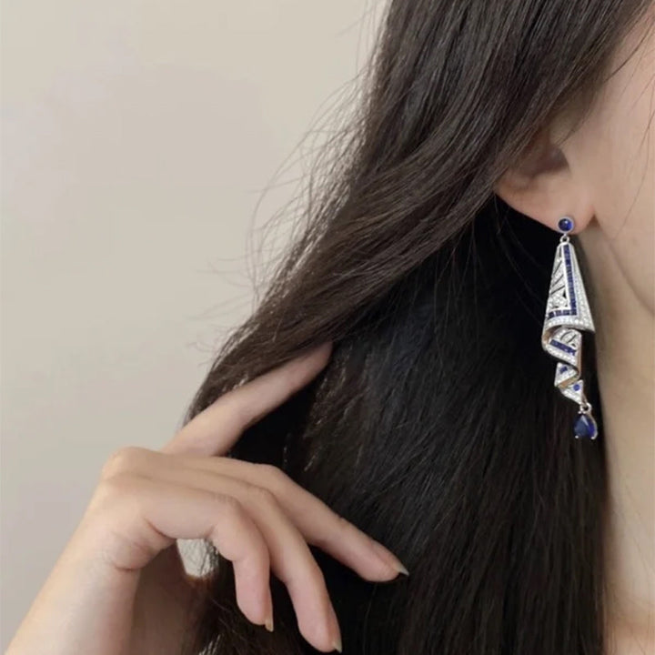 Dame Etnisk Silkke-stil Ørering, blå og grøn, sølv, geometrisk mønster, safirglimmer