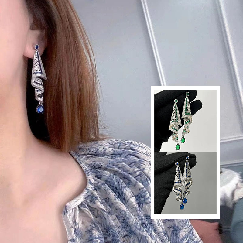 Dame Etnisk Silkke-stil Ørering, blå og grøn, sølv, geometrisk mønster, safirglimmer