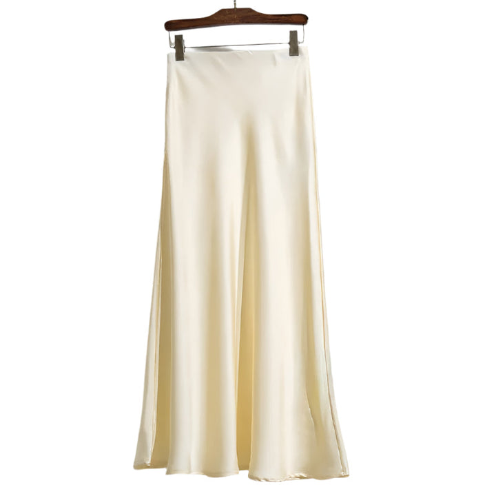 Dame fishtail polyester satin nederdel, elegant og skinnende stof, høj talje, feminint udvidet kant.