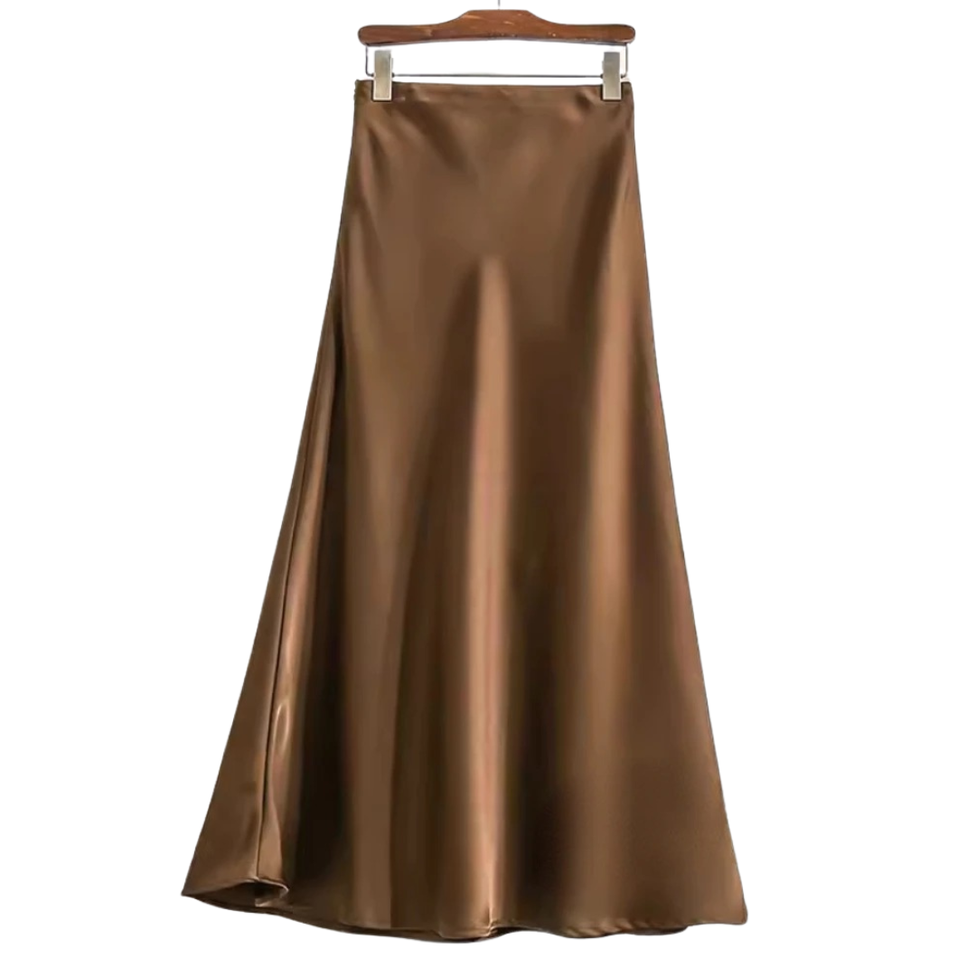 Dame fishtail polyester satin nederdel, elegant og skinnende stof, høj talje, feminint udvidet kant.