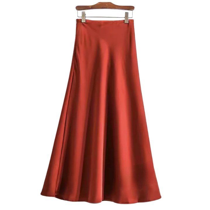 Dame fishtail polyester satin nederdel, elegant og skinnende stof, høj talje, feminint udvidet kant.