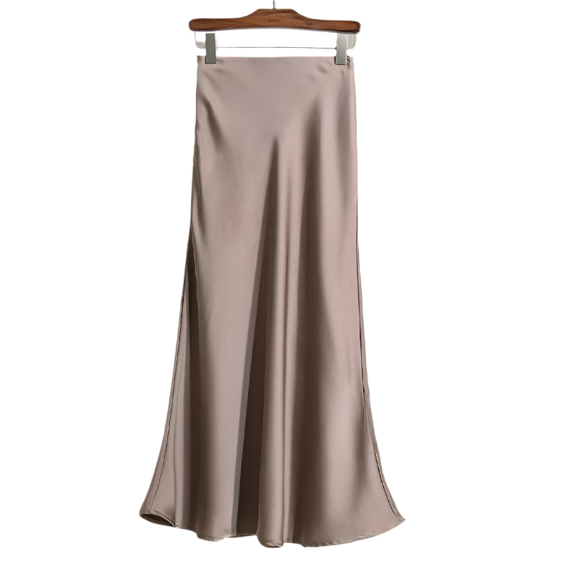 Dame fishtail polyester satin nederdel, elegant og skinnende stof, høj talje, feminint udvidet kant.